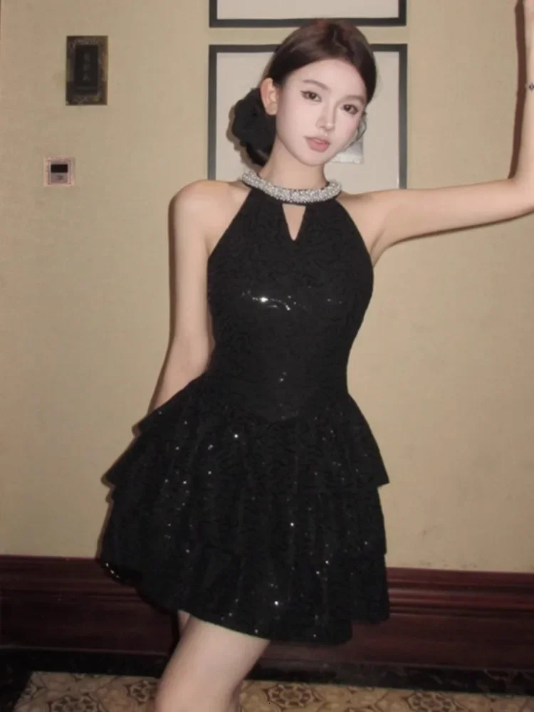 Ezgaga Woman Dress Sleeveless Sequins Rhinestone Halter Hollow Out Slim Ruffles Bowknot Vintage Elegant Mini Dresses Sexy Ladies 250225