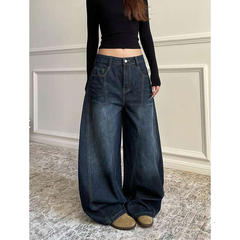 MDNG Blue Women's Retro Y2k 2000S Wide Leg Baggy Casual Denim Trouser High Waist Loose Jeans 2025 Autumn Haruku Full Length Pants