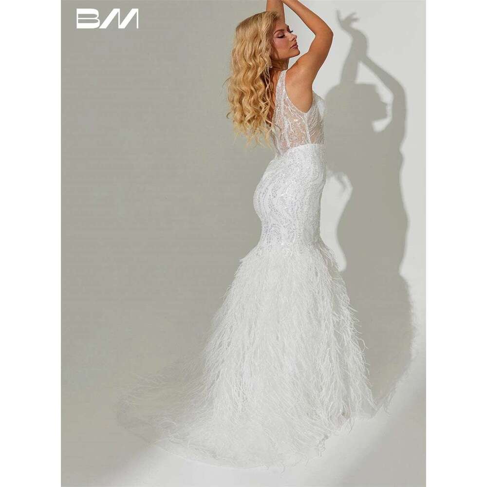 White Feather Mermaid Tail Party Sparkly Sequins, Deep V-Neck Prom Dress, Sexy Sleeveless Dress
