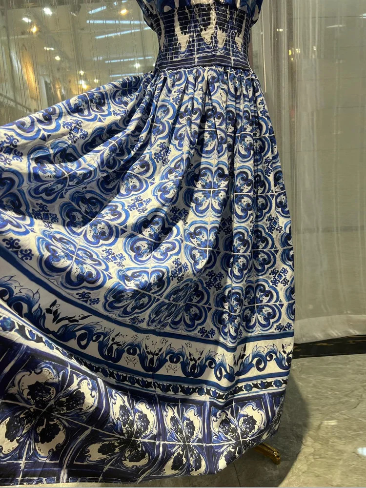 Women Dress Runway Summer Clothes Midi Dress Spaghetti Strap Blue White Porcelain Elastic Bust A-line Vintage Long Dresses250222