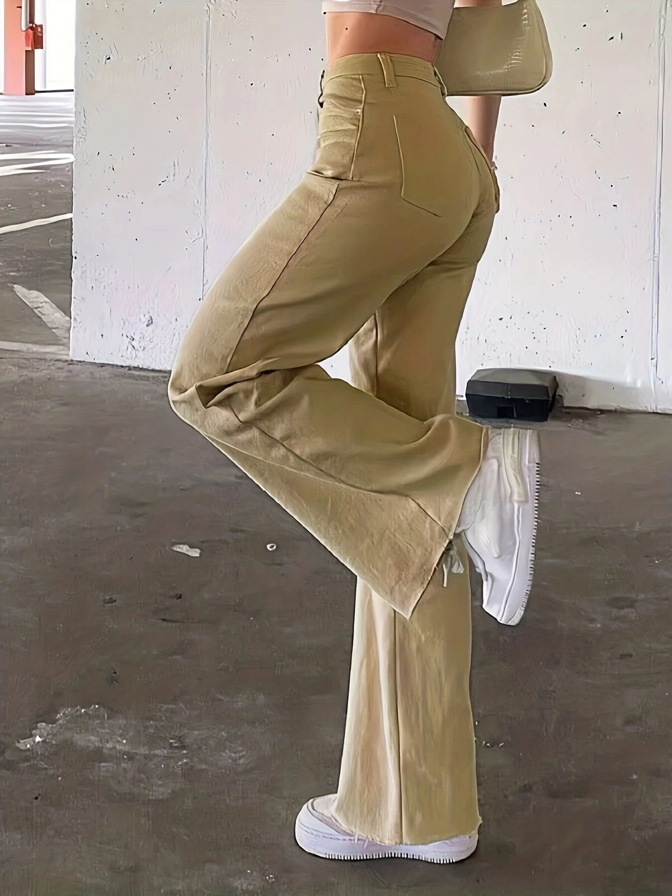 High waist washed straight casual pants solid color all-match womens slim fit casual pants 250225