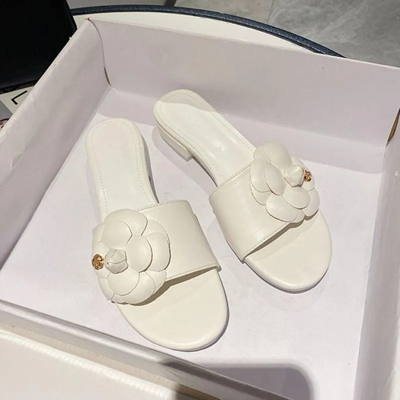 Chic Low-Heeled Ladies' Summer Footwear with Metal Floral Details Designer Camellia Sliders