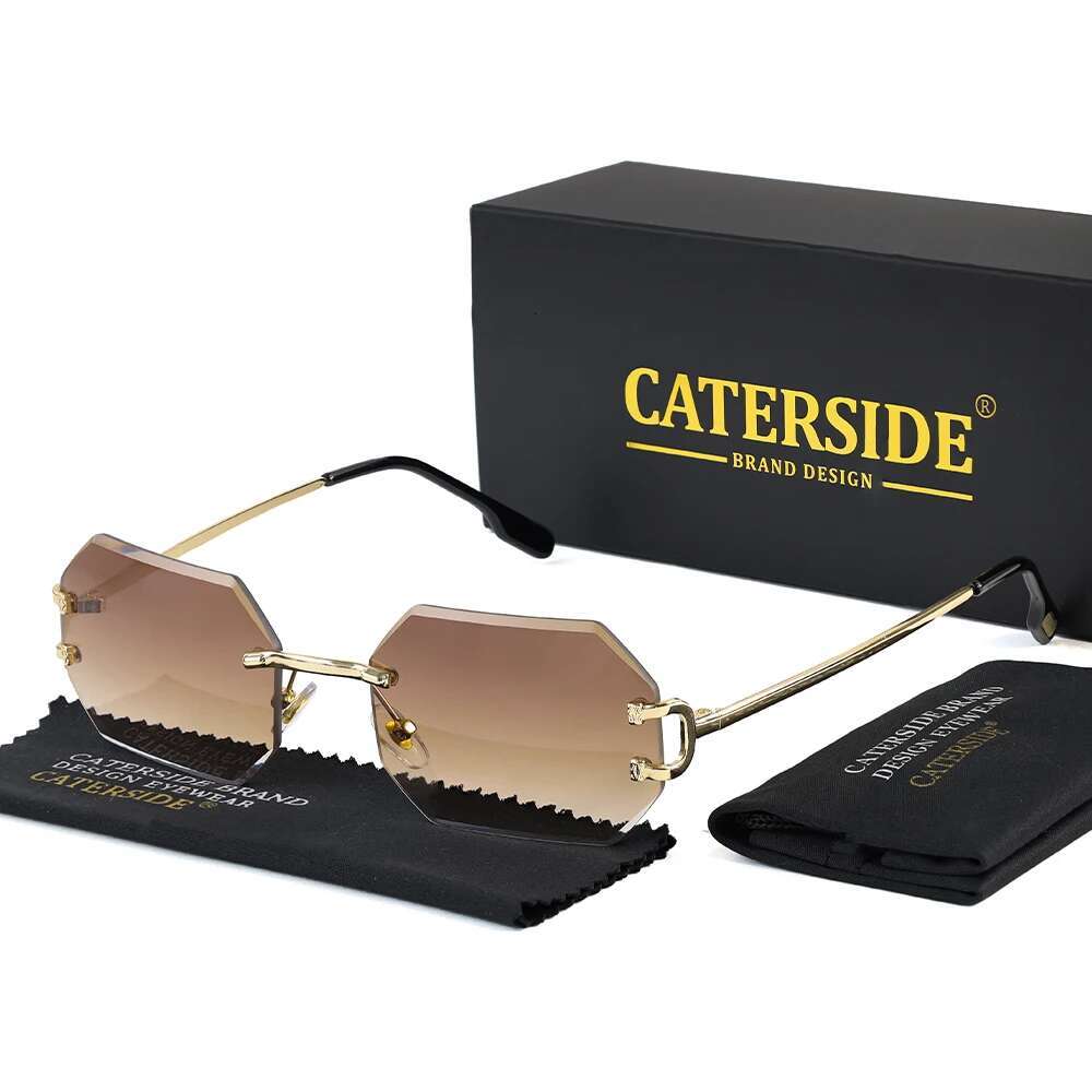 CATERSIDE Rimless Polygon Men's Sunglasses Octagonal Vintage Shades Gradient Traveg UV400 Women Sun Glasses Party Business