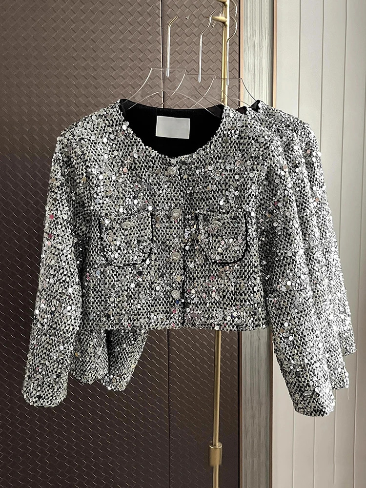 French Sequins Small Fragrant Tweed Coat For Women Fall Winter Korean Fashion Casual Jackets Elegant Outerwear Chaquetas 250210