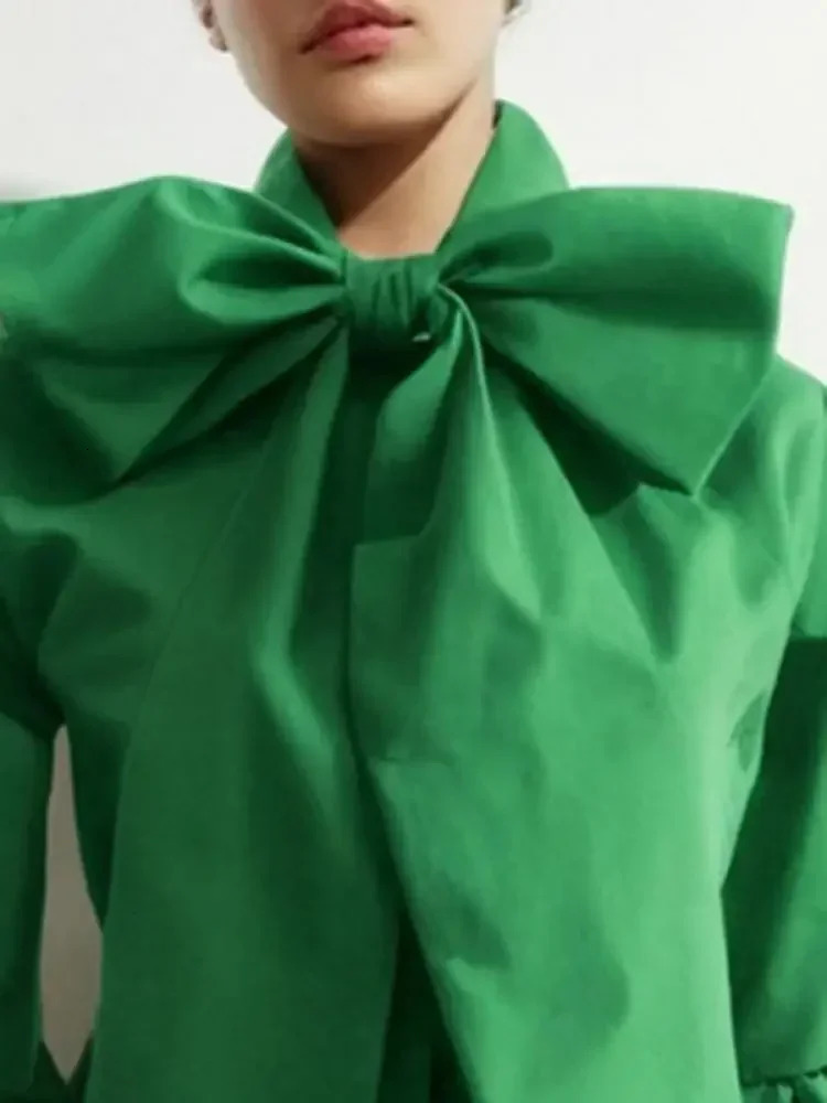Modi Bowknot High Collar Shirt for Women Lantern Sleeve Fit Solid Green Blouse Urban Womens Fashion Top 250225