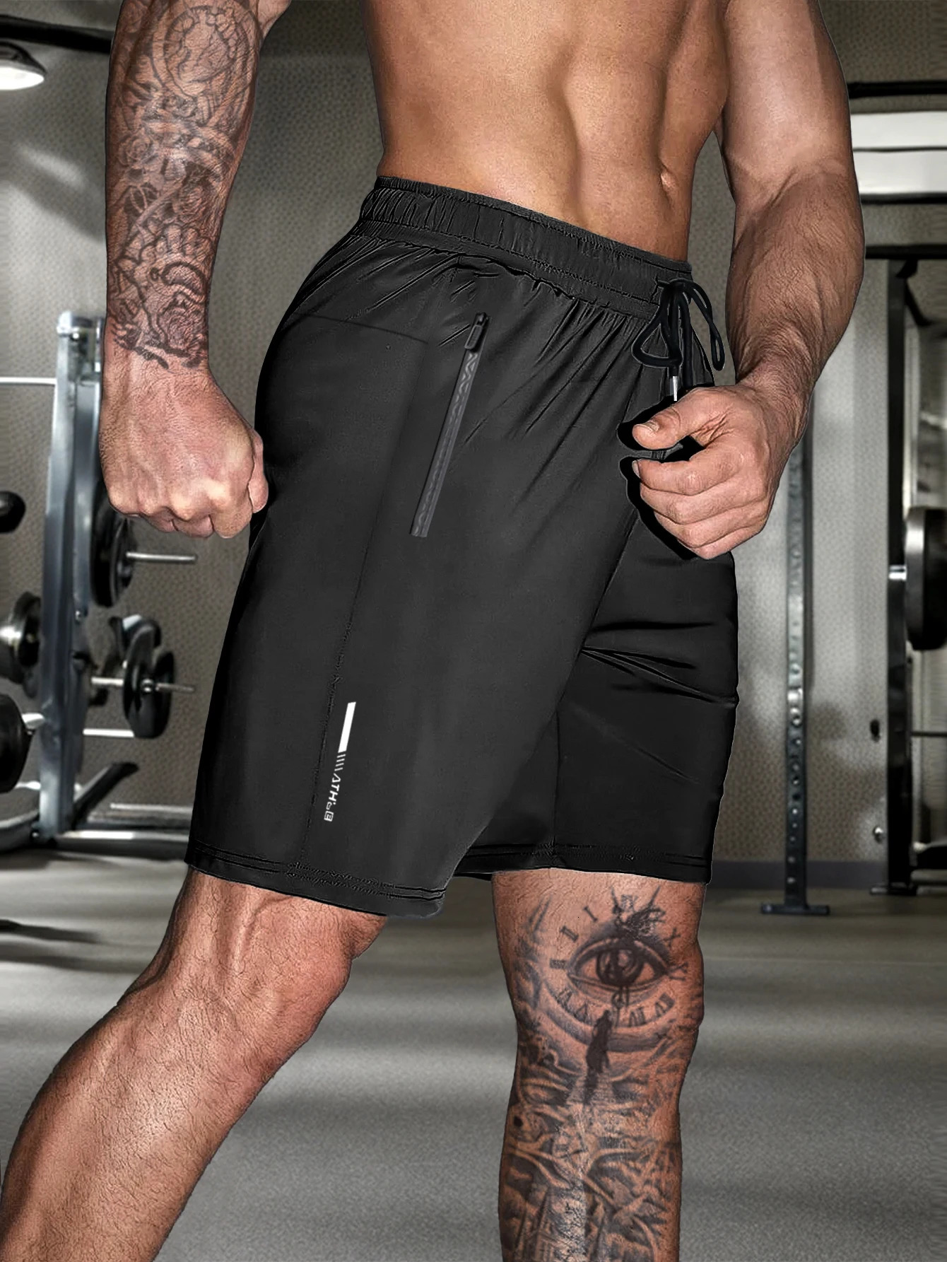 Mens solid color shorts with zipper pockets casual elastic drawstring shorts with a loose waist and high elasticity suitable 250225