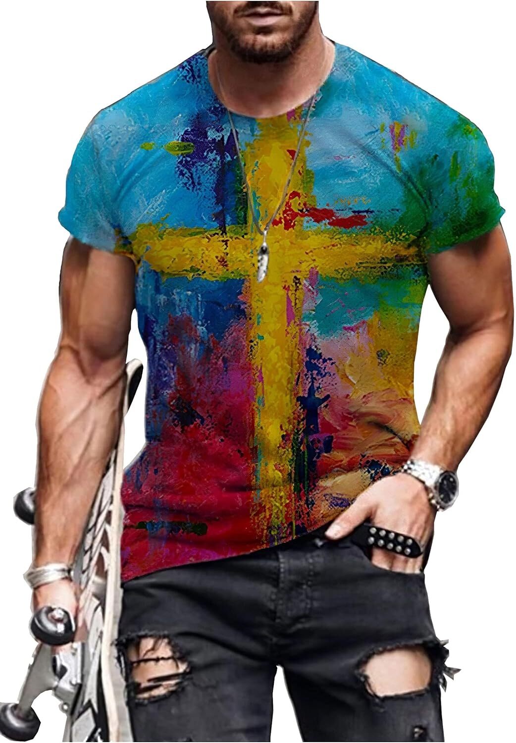Mens T shirt Men's Vintage Oil Painting Faith Jesus Cross Print Casual T-Shirts Christ Crewneck Short Sleeve Shirts for Men tee Casual tops summe