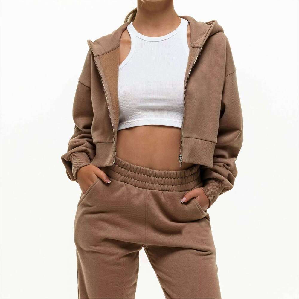Cotton Korean Trendy Cropped Tan Zip Hoodie Women Soft Knitting Fabric Ribbed Hem For Casual Streetwear Outfits In Winter