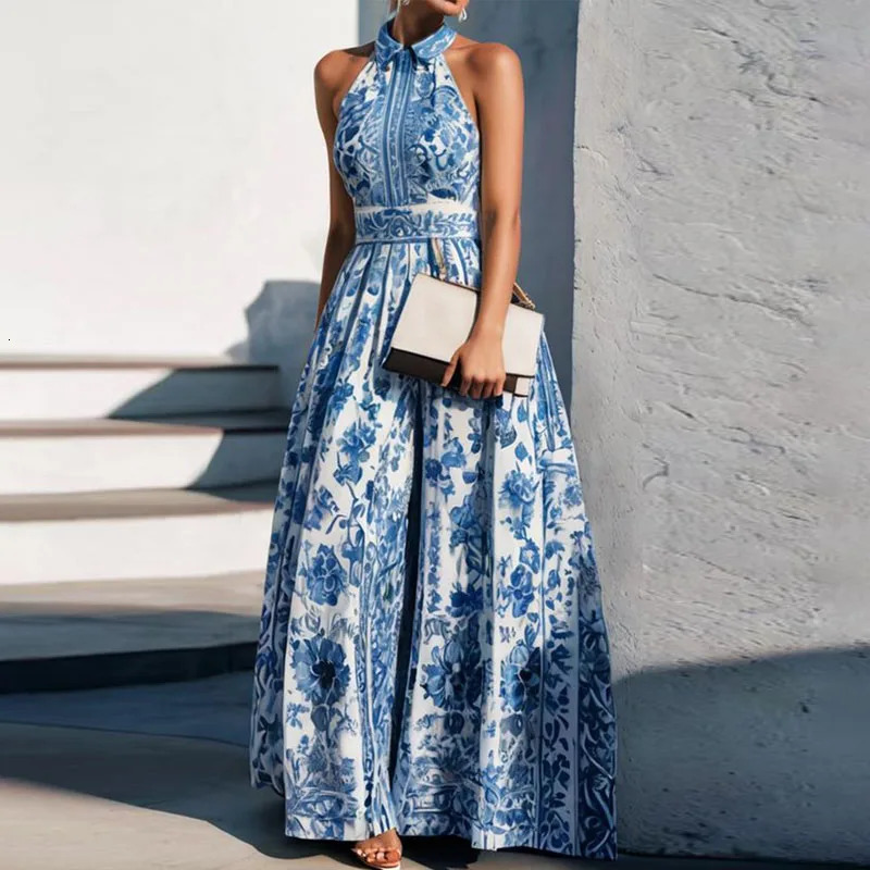 Vintage Floral Print Women Bohemian Dresses Spring Elegant Polo Collar Sexy Maxi Dress Summer Sleeveless Loose A-Line Long Dress250222