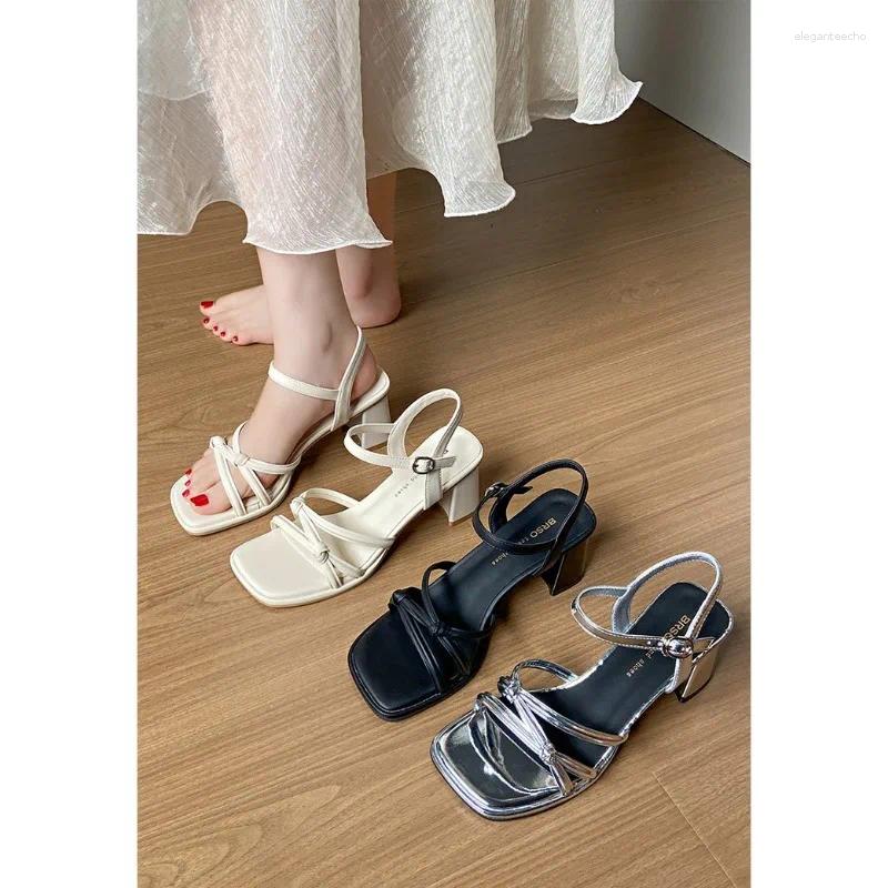 2025 S Fashion Designer Sandals Women S Summer Square Heel High Heels Fashionable Roman Black And White Open Toe Shoes SIZE