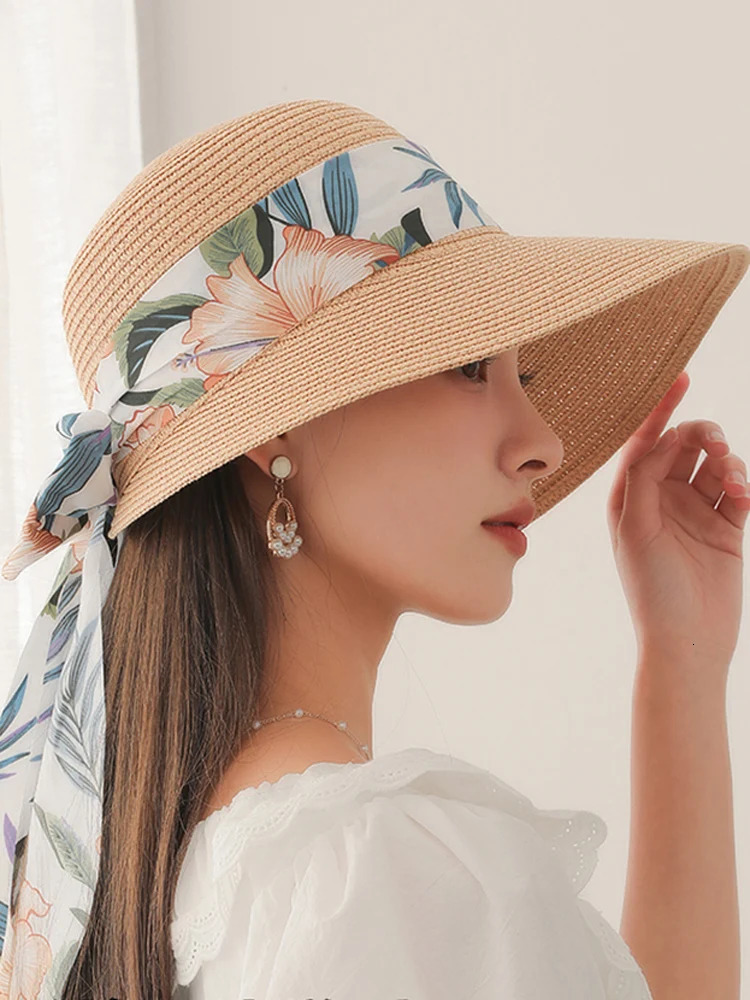 High selling womens summer tourism vacation sunshade and sunscreen hats leaf ribbon leisure beach large brim sun hat 250218