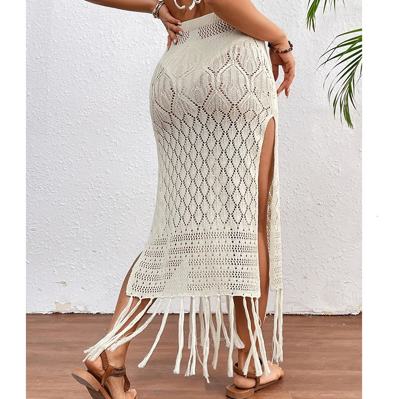 Women Knitted Texture Sarong Skirts Sexy High Slit Tassel Cover-Up Beach Summer Vacation Wrapped Skirt Bikini Cover Up 250225