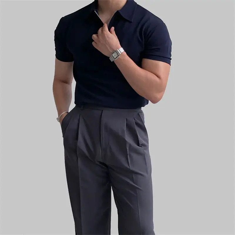 Mens Sports Fitness Black Slim Half Zipper Polo Shirts Wear Lapel Summer Short Sleeve Fashion Casual Tops 250225