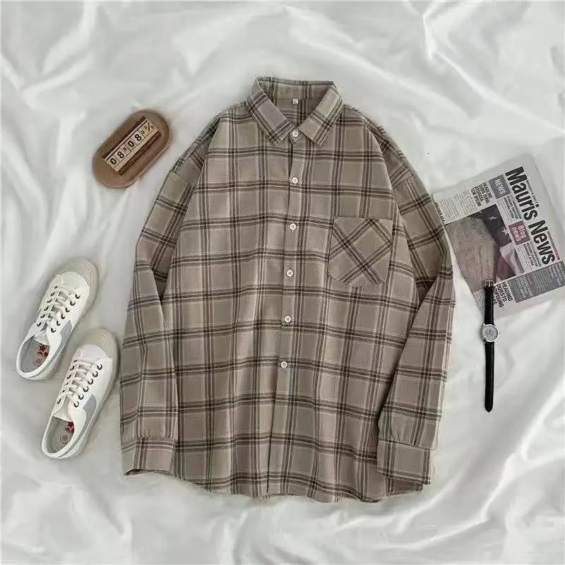 Vintage Plaid Shirts Women Autumn Long Sleeve Oversize Button Up Shirt Korean Fashion Casual Fall Outwear Tops Blusas Mujer 250226