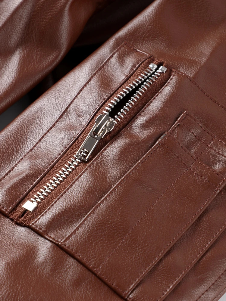 Vintage Leather Bomber Jacket Women O-neck Zipper Pockets Loose Short Coat 2024 Autumn Lady High Street Outwear 250225