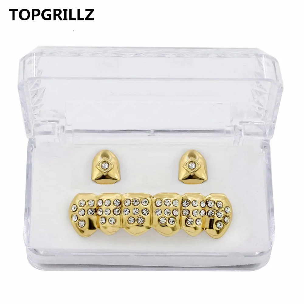 TOP Light Yellow Gold Color Plated 2 Single Top Teeth Cap Tooth Grills Two Lines Bottom Hip Hop Grill For Gift 250225
