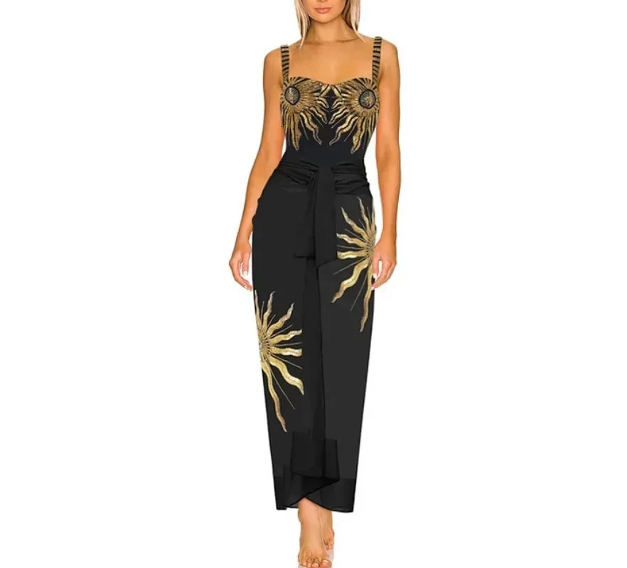 Sequin Sunflower One-Piece Swimsuit and Skirt Blue Swimwear Female Vocation Bathing Suit Beachwear Beach Dress Sarong 250225