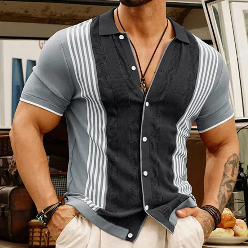 Summer Casual Slim Knitted Ice Silk Shirt Men Fashion Patchwork Striped Knit Shirts Vintage Buttoned Lapel Mens Knitting Shirts 250222