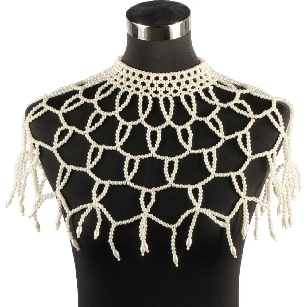 Pearl Necklace Body Chain for Women Big Large Beads Statement Chunky Crop Top Bra Mesh Choker Shoulder Shawl Jewelry Costume 250225