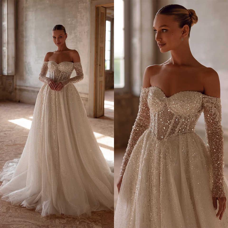 Graceful A Line Wedding Dresses Strapless Long Sleeves Beads Bling Sequins Appliques Lace Bridal Gowns Lace Up Special Occasion Sweep Train Vestido de