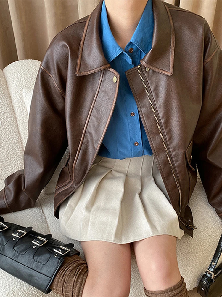 Vintage Maillard Leather Jacket Silhouette Craft PU Leather Motorcycle Jacket Top Women Loose Thickened Brown Coat Spring Autumn 250225