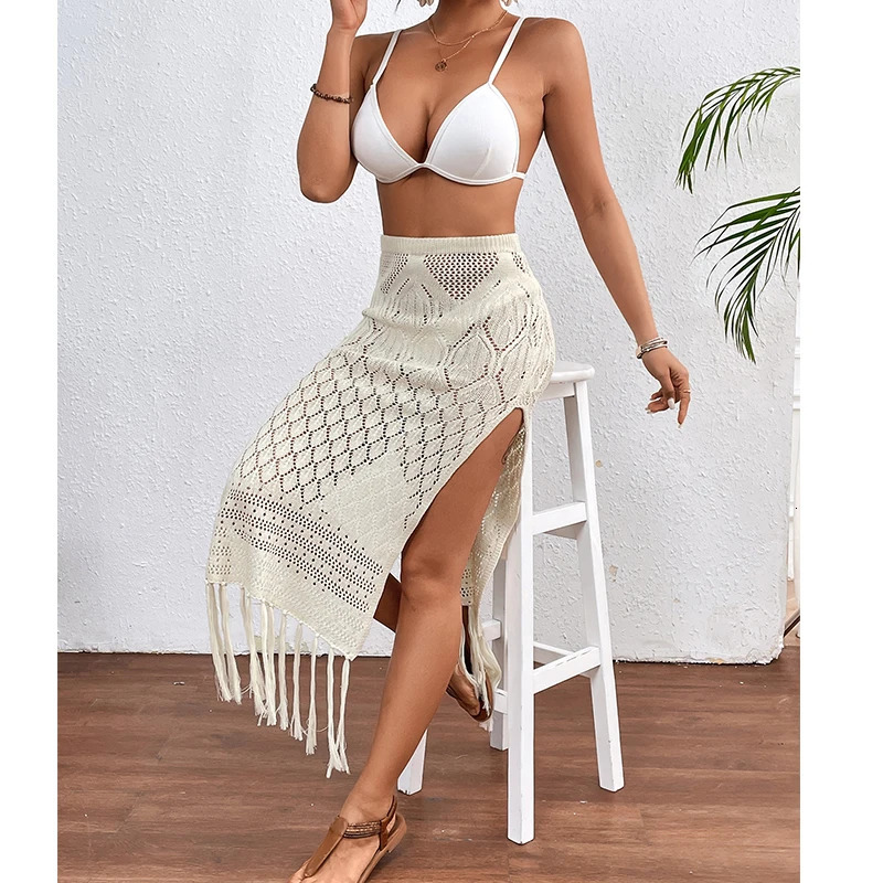 Women Knitted Texture Sarong Skirts Sexy High Slit Tassel Cover-Up Beach Summer Vacation Wrapped Skirt Bikini Cover Up 250225