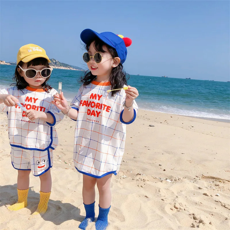 Korean Summer Children Boys Clothes Set Style Short Sleeve TShirt Shorts Girls Dress Suit Brother And Sister 250221