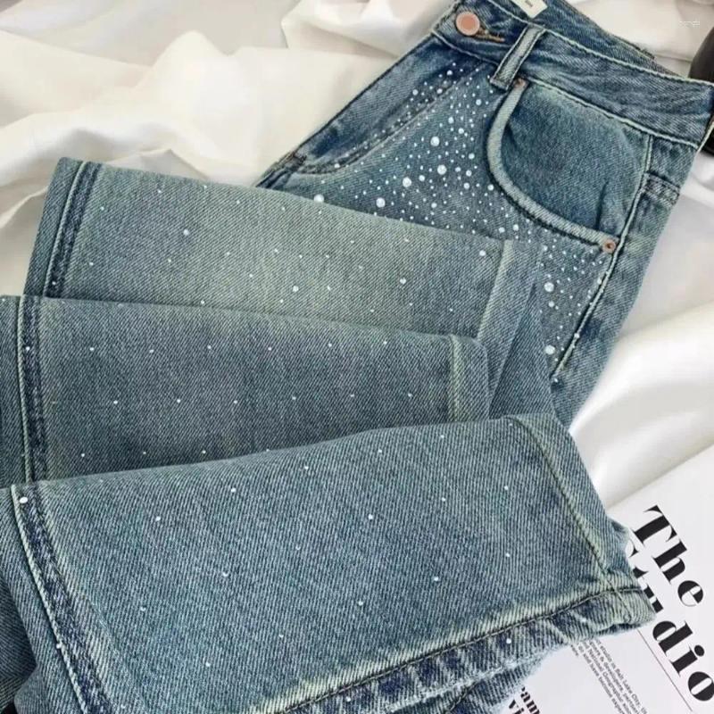 Womens Jeans Shiny Rivet For Women 2025 High Waist Straight-Leg Slim Denim Pants Diamond-Studded Washed Blue Female Tr