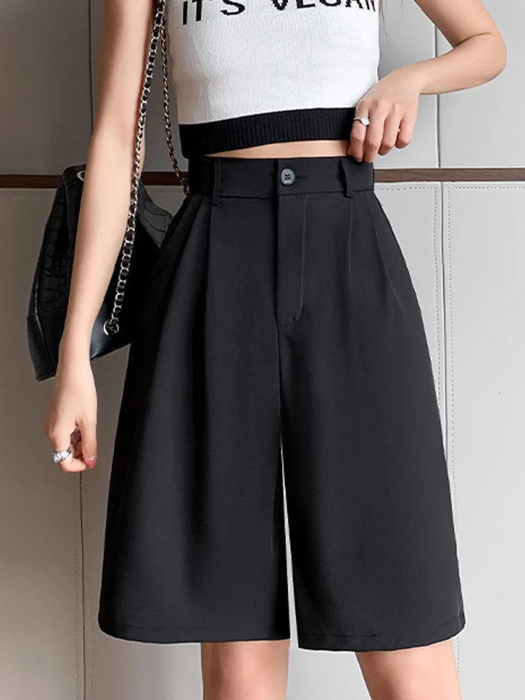 Casual High Waist Wide Leg Suits Shorts Womens Summer Office Lady Loose Shorts for Women Solid Black Knee Length Baggy Shorts 250226