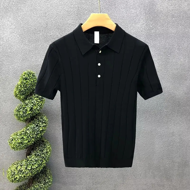 Casual Mens Slim Elastic Knitted Polo Shirt Spring Summer Short Sleeve Lapel Button Knit Tops Men Clothes Fashion Pullover 250225