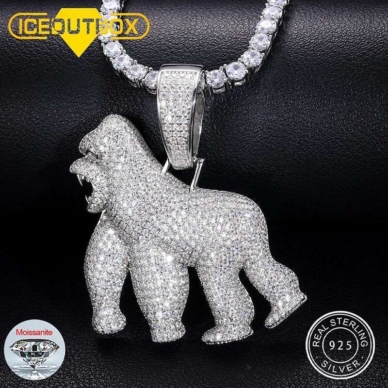 S Sier D VVS Moissanite Animal Orangutan Pendant Iced Out Micro Pave Fashion Men's Hip Hop Punk Necklace Rock Jewelry