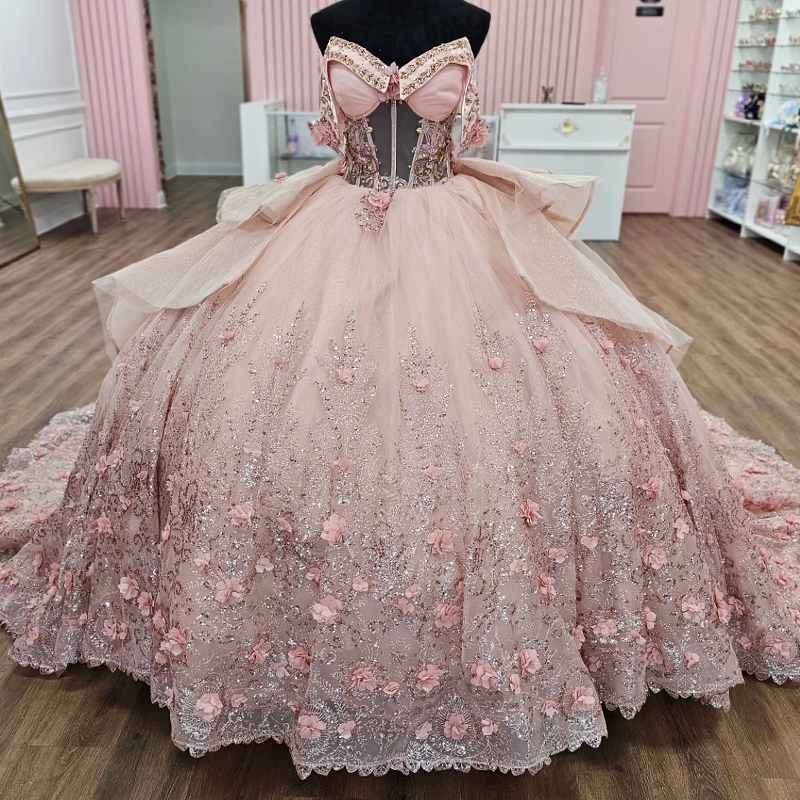 Pink Shiny Quinceanera Dresses Ball Gown Off Shoulder Sequin Appliques Lace Flower Beads Tull Corset Sweet 16 Dress Vestidos 15 De Anos