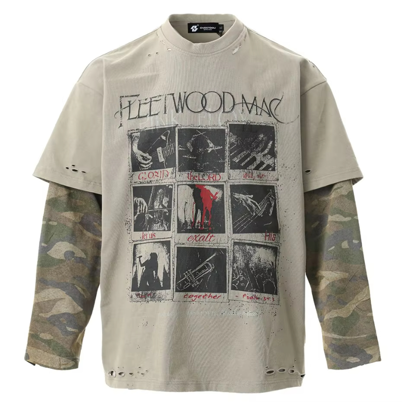 Camoufalge Patchwork Vintage T Shirts Fake Two Piece Long Sleeve Tee Tops Men Streetwear Harajuku Oversized Hip Hop T-shirts