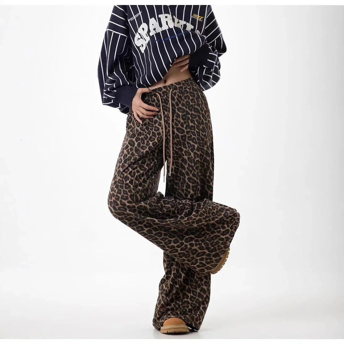 Sensibility Loose-Fit Slimming Straight-Leg Wide-Leg Dragging Pants Spring Autumn Style American Vintage Leopard Slip 250225