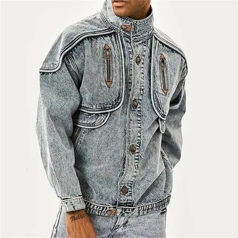 Vintage Denim Jackets Men Slim Solid Casual Jean Coat Stand Collar Moto Biker High Street Distressed Outwears Spring Autumn 250225