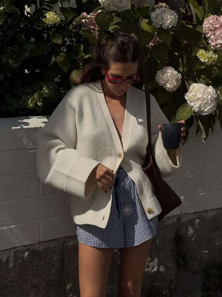 Lazy Knitted Women Cardigan Autumn Loose Long Sleeve V-Neck Single Breasted Pocket Female Sweater 2024 Fashion Lady Knitwear