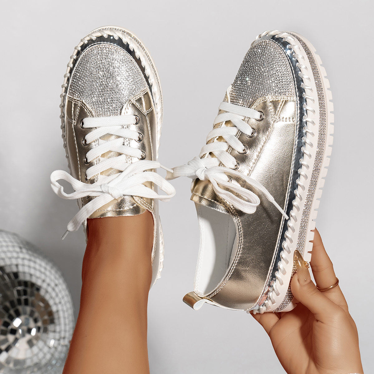 Fashion Women's Casual Shoes Rhinestone Sequin Ladies Flats Comfortable Platform Walking Sneakers Casual Rhinestones PU Walking Flats Thick Botto
