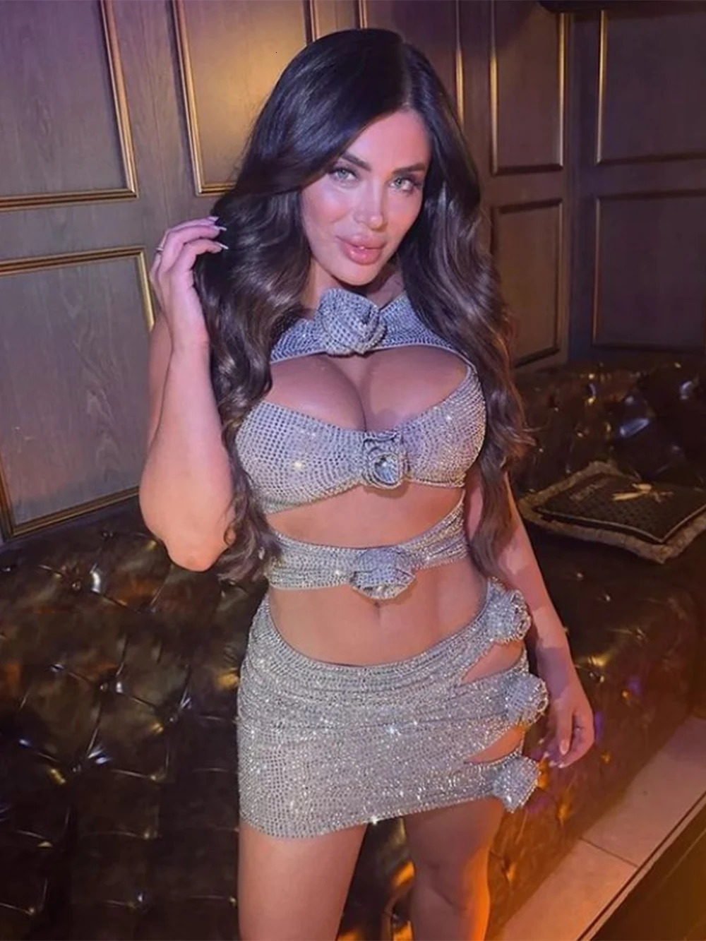 Modphy Women Party Dress Sparkly Gold Silvery Rhinestone Sexy Cut Out Beautiful Flower Decoration Mini Dress Cludwear 250225