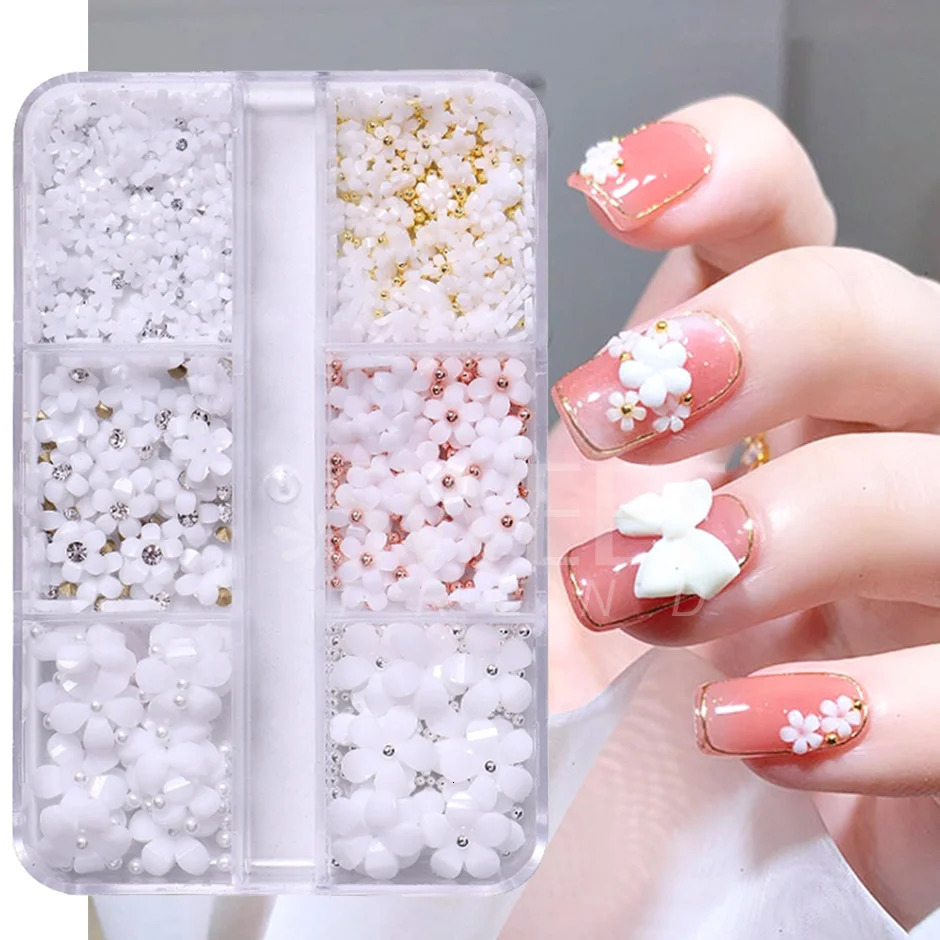 6 Grids Nail Art Decoration Pink White Acrylic Flower Charms with Beads Gem DIY Parts for Accessories Tool SASZCT156 250217