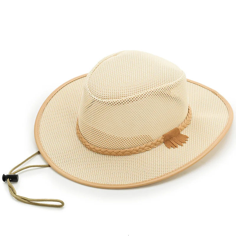 Hollow Out Breathable Solid Color Adjustment Rope Men Jazz Hat Summer Sun Protection Outdoor Wide Brim Cowboy Hat Beach Cap 250218