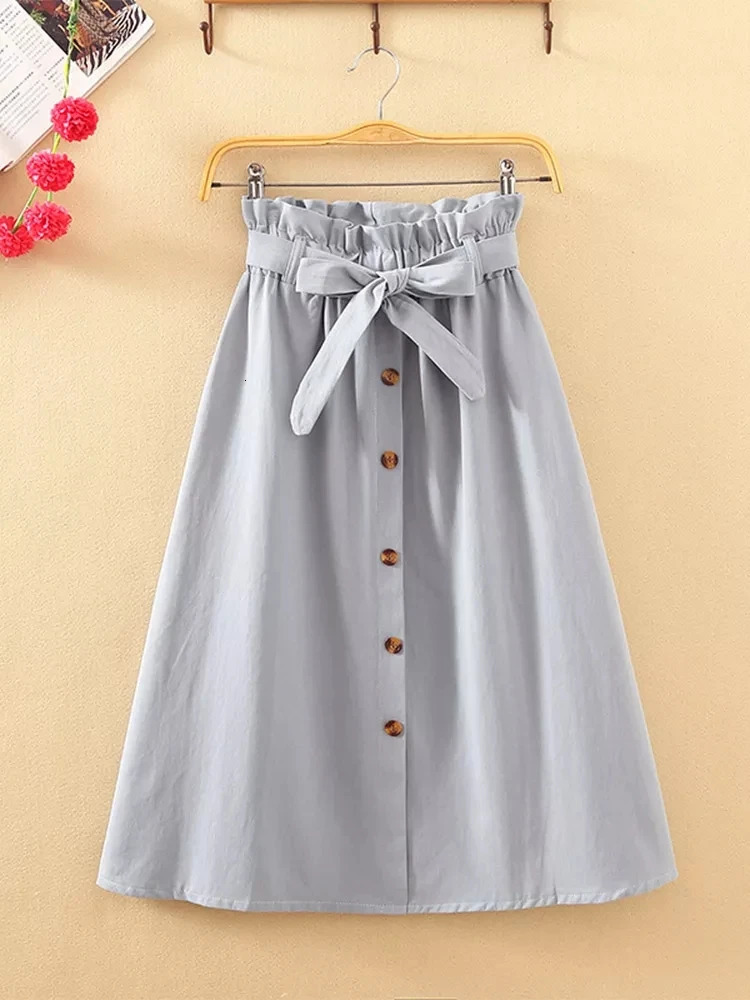 Summer Autumn Skirts Womens Midi Knee Length Korean Elegant Button High Waist Skirt Female Pleated School Skirt 250226