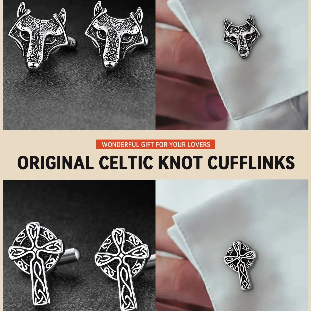 U7 Men Cufflink Norse Viking Runes Agate Comapss Wolf Celtic Knot Tuxedo Shirt Cuff Links Stainless Steel Amulet Jewelry 250220