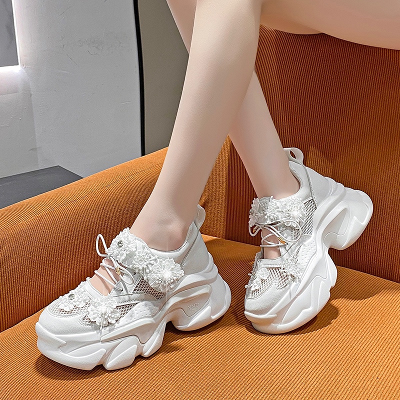 Women Platform Casual Breathable Crystal Flower Shoes Summer Chunky Sneakers 7.5CM Hidden Heels Hollow Leisure Shoes Woman Fashionable sports sandals