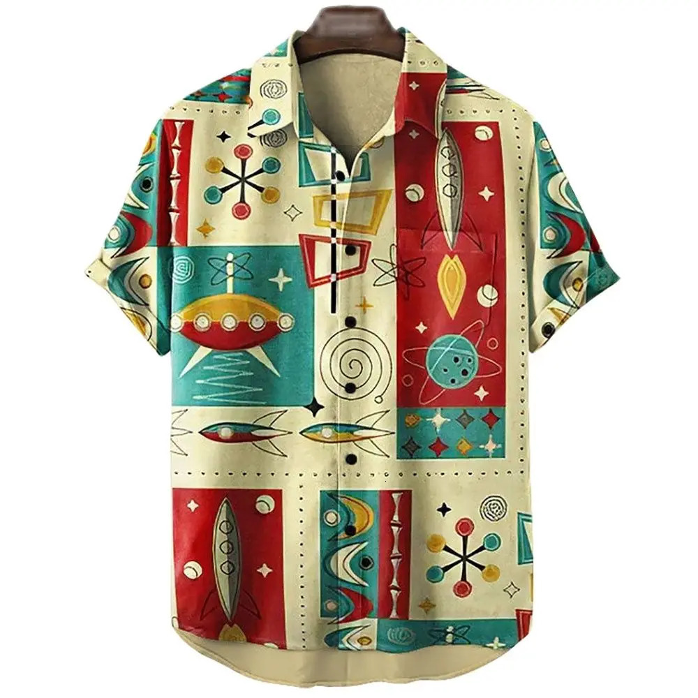 Mens Rocket Print Hawaiian Shirt 3d Harajuku Cartoon High Quality Summer Casual 250226