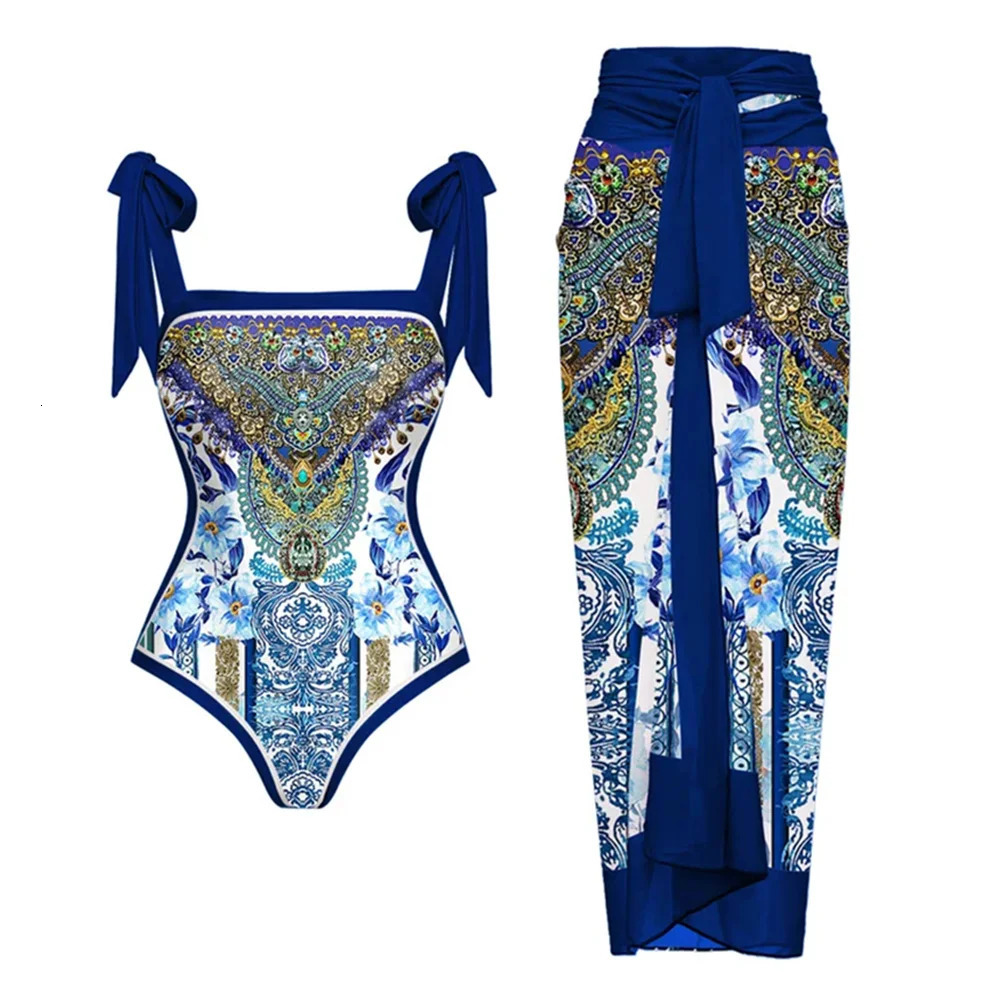 Vintage Swimsuit Bowknot Tie-shoulder One Piece Swimsuit Double-sided Beach Dress er Bathing Suit Summer Surf Wear 250225