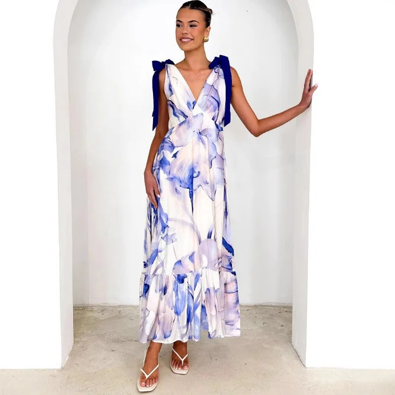 Summer Lace Up Womens Long Dress V-neck Sleeveless Printed Dress with Temperament Commuting Camisole Mid Length Skirt 250225