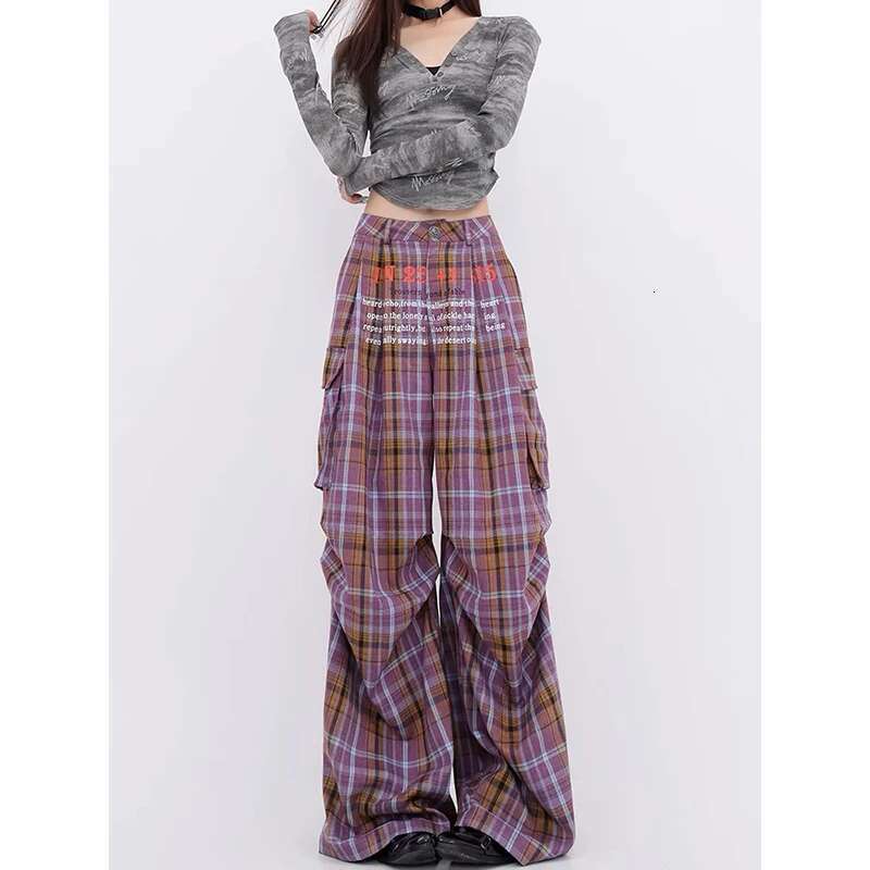 Y2k Purple Plaid Cargo Pants Women Korean Fashion Winter Checked Trousers Oversized Haruku Vintage 90S Wide Leg Pantalones