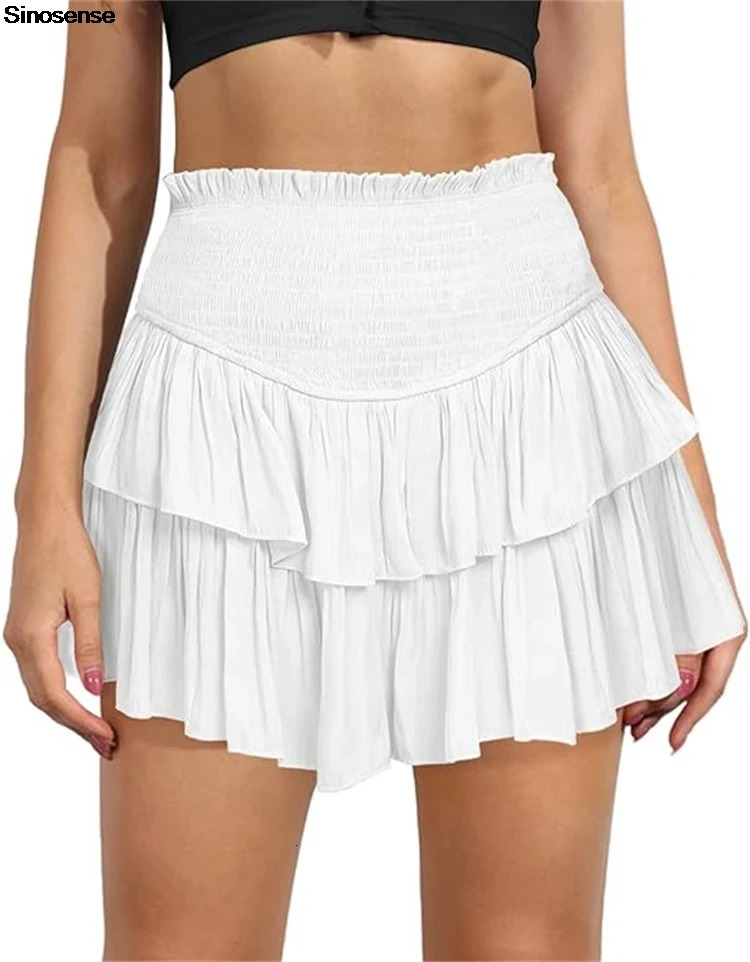 Womens High Waist Ruffle Pleated Mini Skirts Solid Lined Layered Flared Flowy Casual Swing Summer Boho Beach Mini Short Skirt 250225