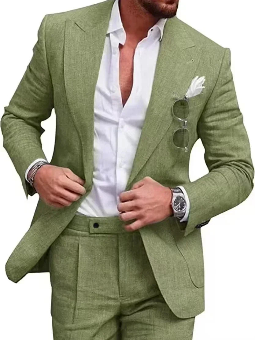 Summer Beach Party Attire single button two-piece sports jacket regular set elegant mens wear suitable for groom linen set 250224