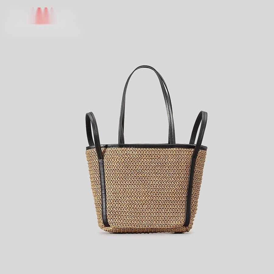 leather shoulder strap contrasting woven bag, women's large capacity seaside vacation style woven bag, summer grass woven bag 250215